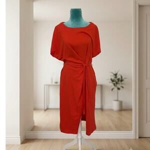 Cotélac Red Draped Asymmetrical Belted Jersey Midi Dress Parisian Avant Garde